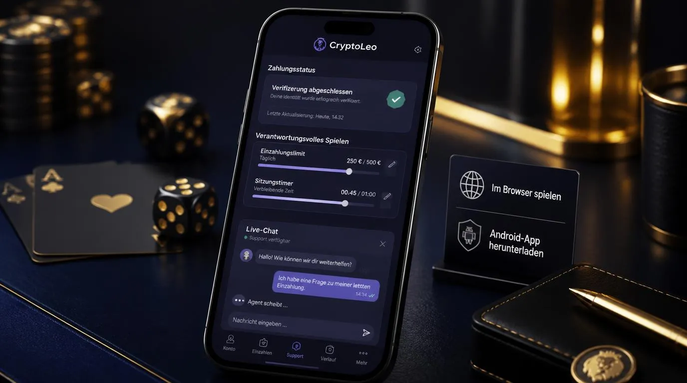 Smartphone mit Casino-Konto, Zahlungsstatus und geöffnetem Live-Chat auf deutschem Bildschirm