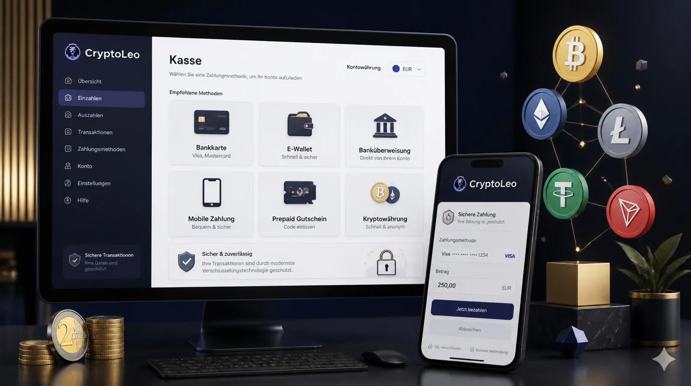 Kassenbereich eines Online-Casinos mit Euro, Karten, E-Wallets und Kryptowährungen für deutsche Nutzer