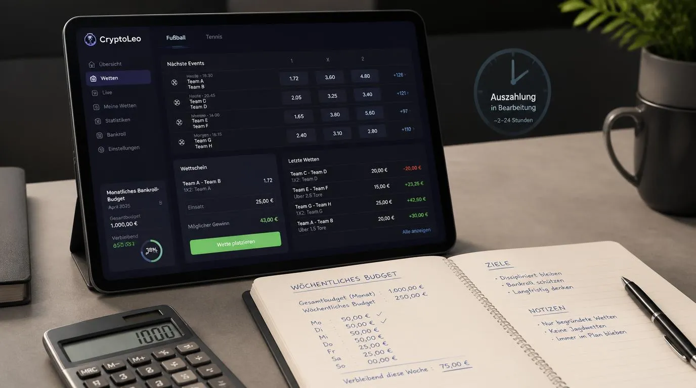 Sportwetten-Budget mit Einsatzplan, Quotenanalyse und klar markierter Auszahlungsfrist auf einem Tablet