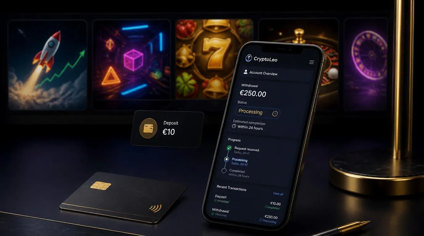 Smartphone mit Casino-Konto, Auszahlungsstatus und farbenfroher Auswahl an Online-Spielen