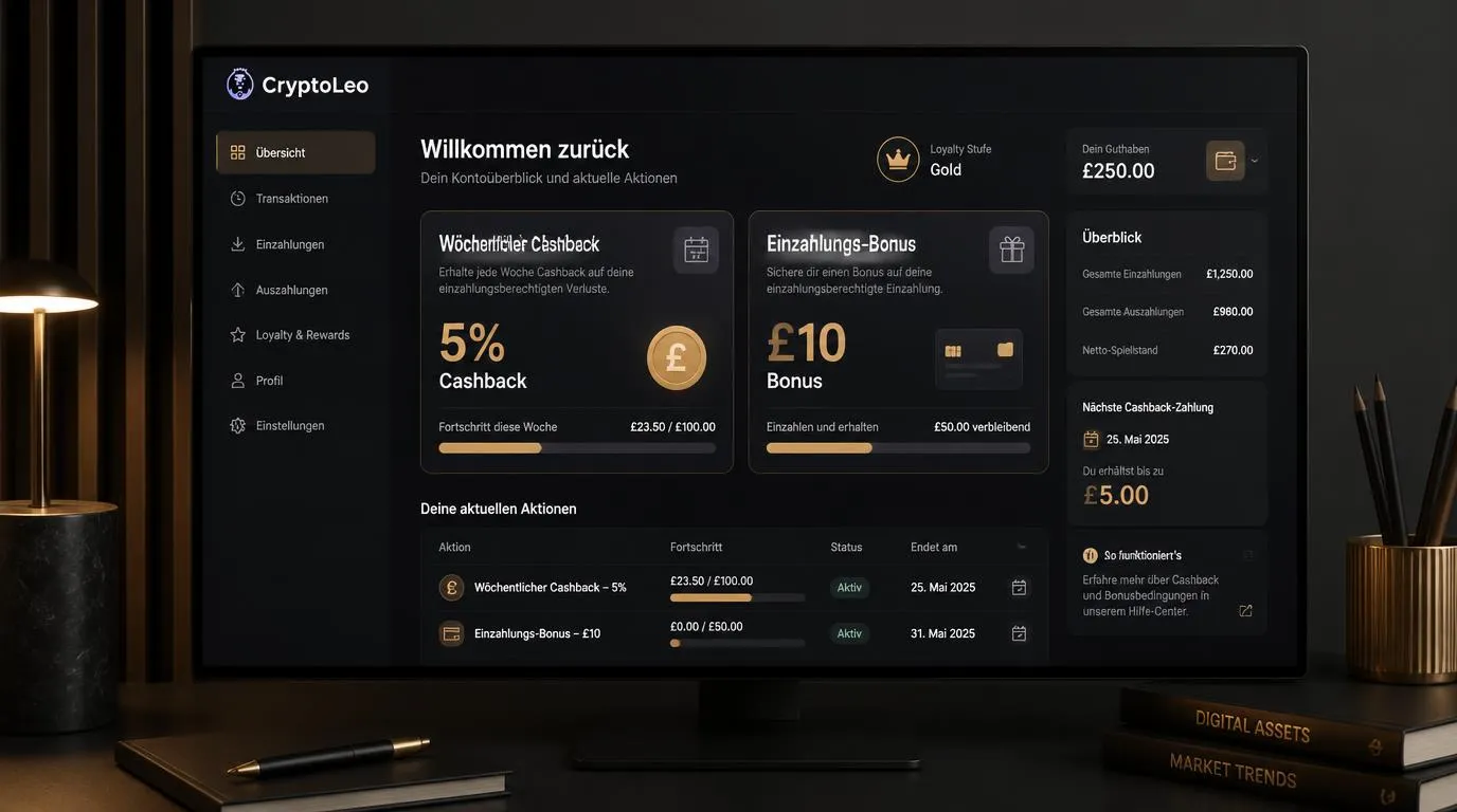 Casino-Kontoansicht mit Cashback-Anzeige, Wochenbonus und Fortschrittskarte für aktive Spieler