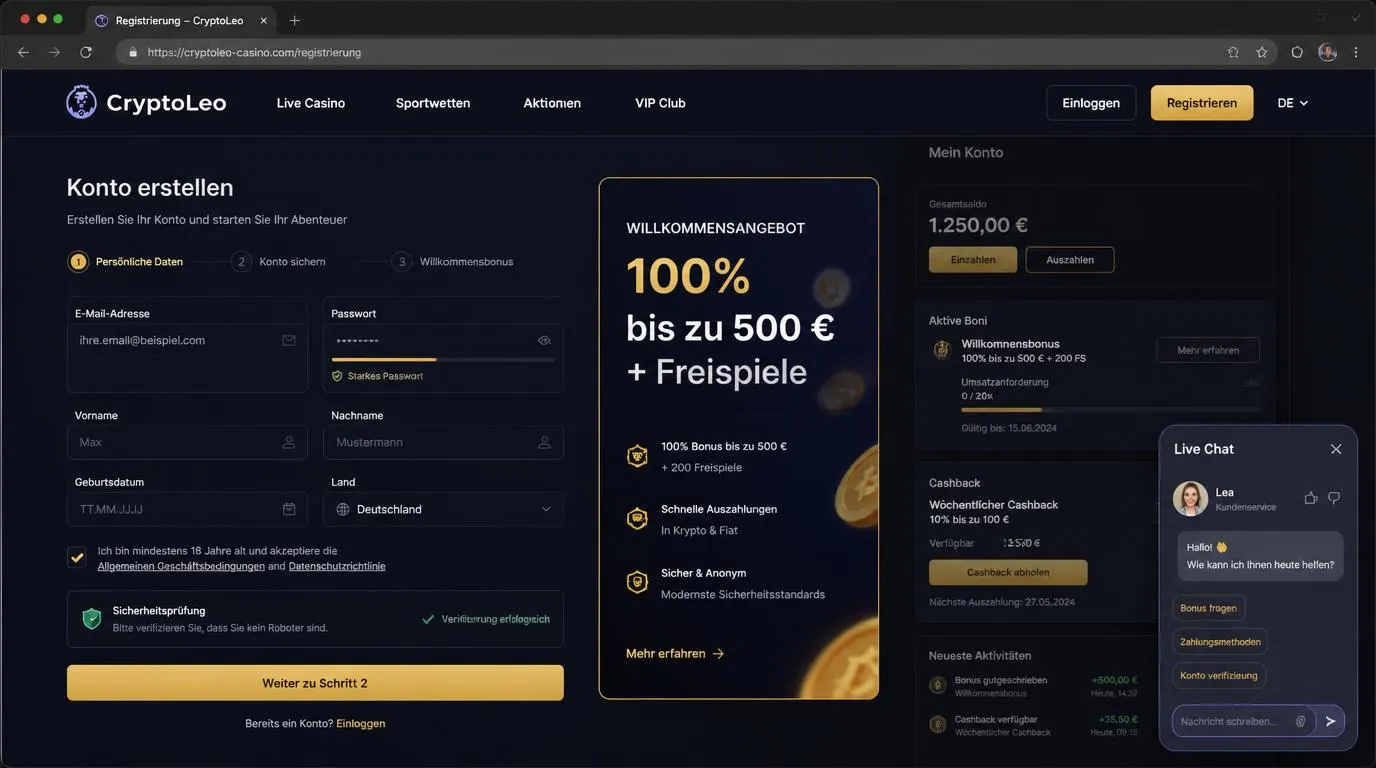 Registrierungsseite eines Online-Casinos mit Willkommensbonus, Kontofeldern und aktivem Live-Chat