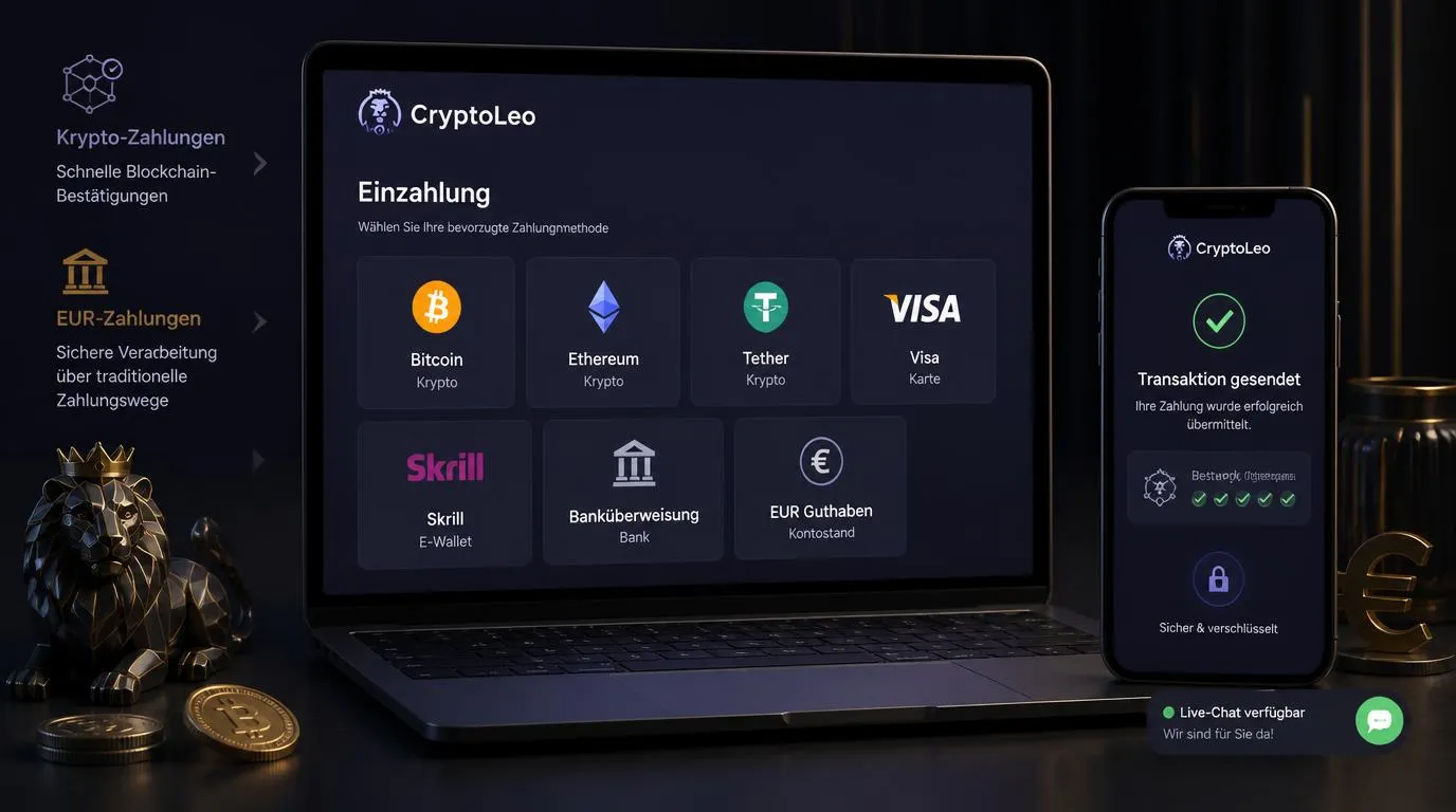 Casino-Zahlungsseite mit Bitcoin, Ethereum, E-Wallets und Euro-Kontowährung auf einem Laptop