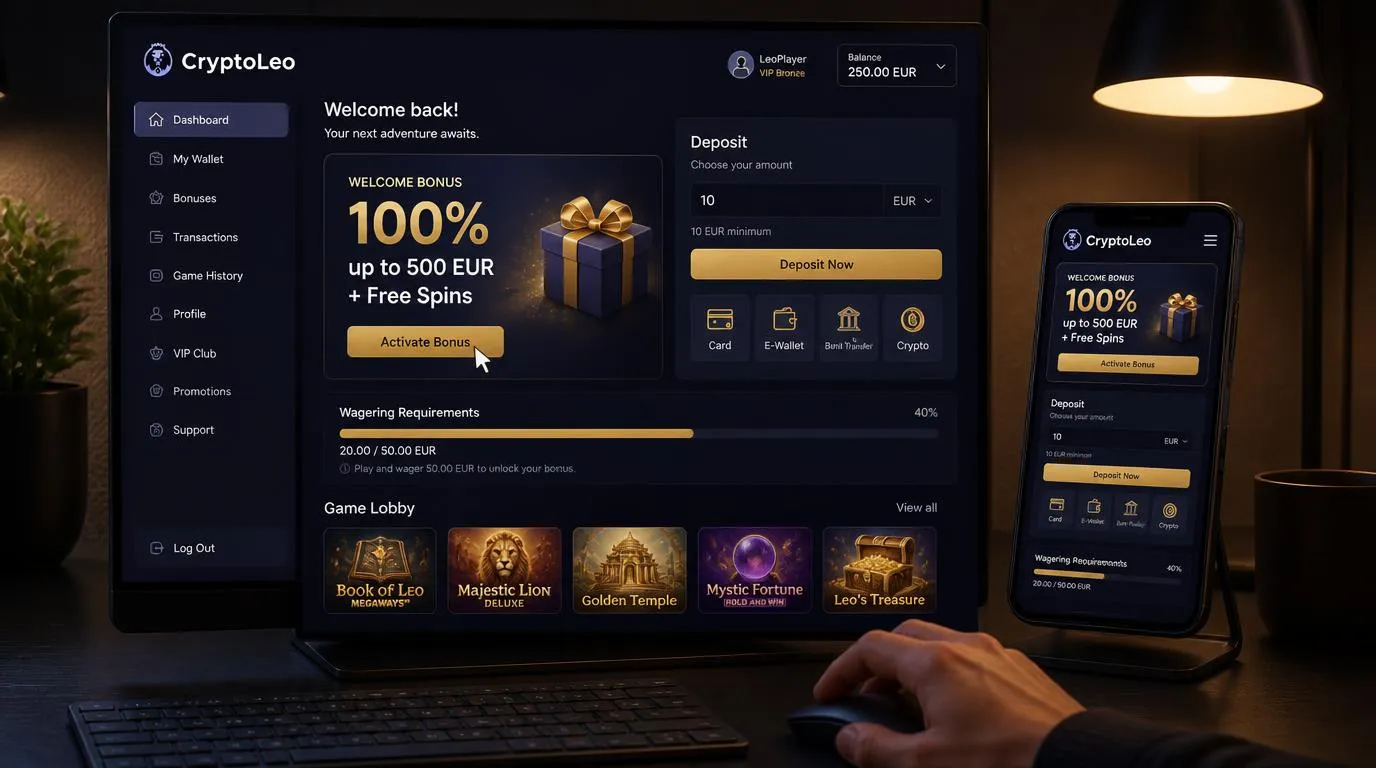Bonusbereich eines Online-Casinos mit Einzahlung, aktivem Willkommensbonus und Umsatzfortschritt