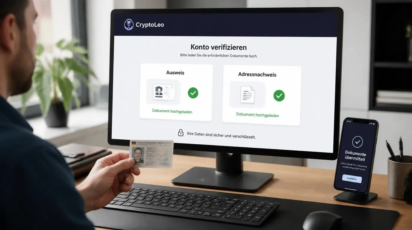 Person lädt Personalausweis und Adressnachweis in einen geschützten KYC-Bereich hoch
