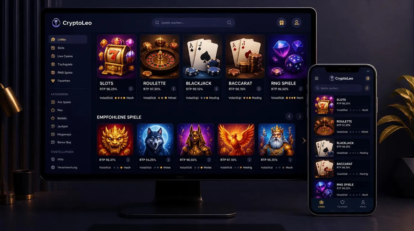 Digitale Casino-Lobby mit Slots, Roulette, Blackjack und Filtern für verschiedene Spielkategorien
