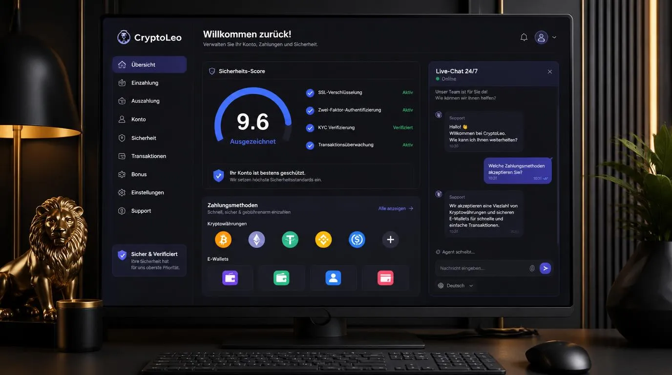 Casino-Oberfläche mit Sicherheitsanzeige, Kryptowährungszahlung und rund um die Uhr erreichbarem Live-Chat
